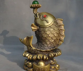 

old China Feng Shui brass auspicious wealth yuanbao coin fish spit bead statue