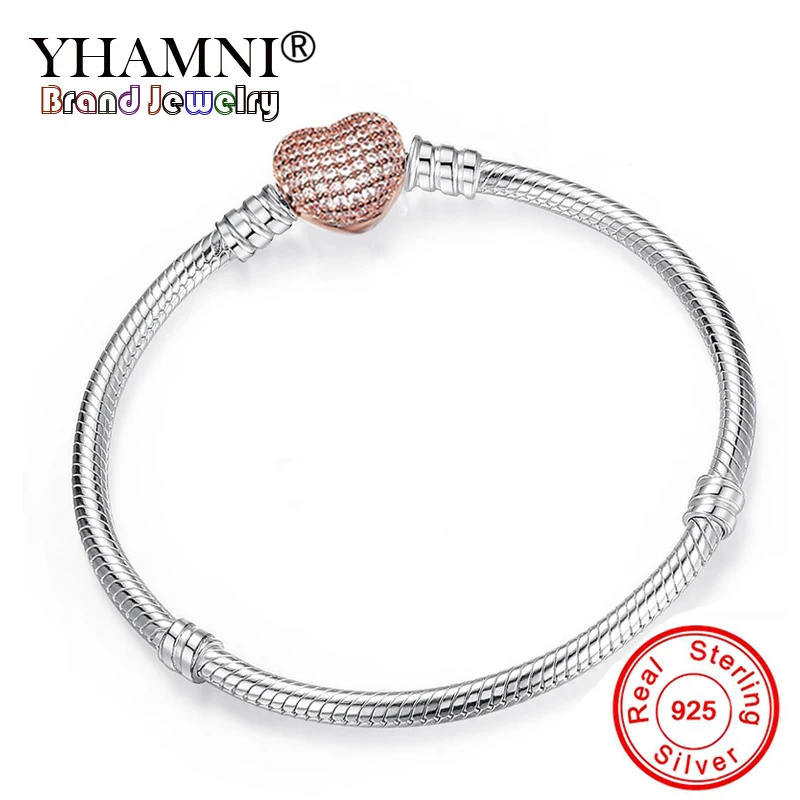 

YHAMNI Romantic Original Silver Heart-Shaped Snake Chain Charm Bracelet For Women Brand Bracelet&Bangle DIY Jewelry HZB106