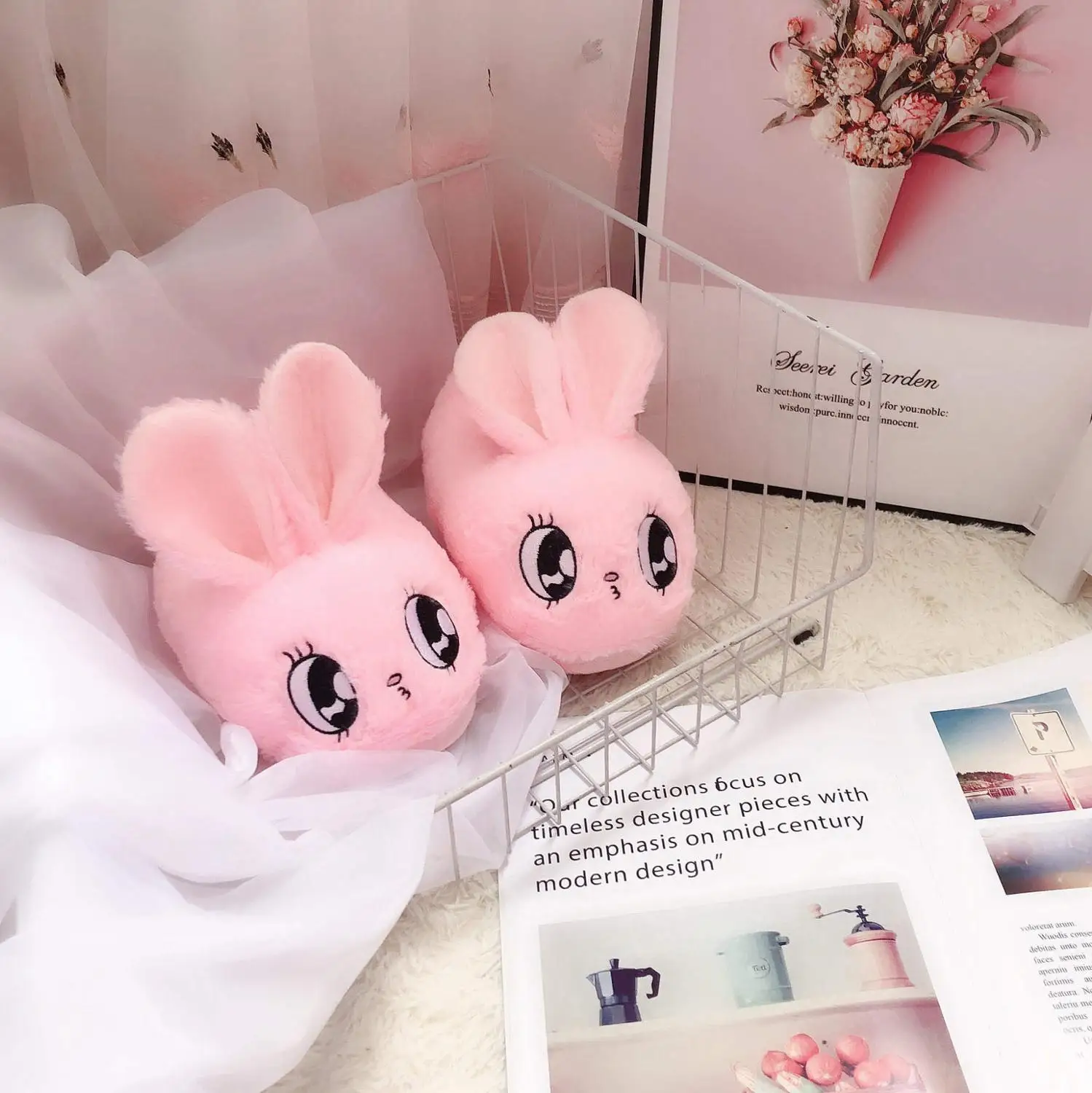 Rabbit pink Модная разноцветная хлопковая обувь с рисунком хомяка, бегемота, Больших Глаз, кролика, поросенка; плюшевая домашняя теплая зимняя обувь для взрослых; милая плюшевая обувь в стиле аниме - Цвет: Rabbit pink