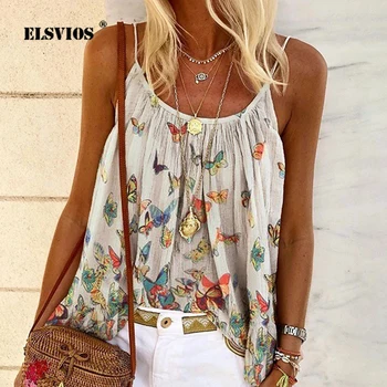 

Butterfly Print Elegant Blouse Shirt 2020 Spring Summer O Neck Sleeveless Boho Blouse Women Vintage Plus Size Straps Tops Blusas