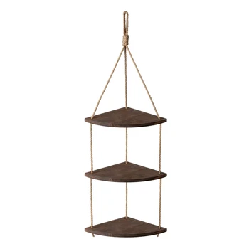 

Hot XD-Hanging Corner Shelf 3 Tier Rope Wood Wall Floating Shelves Rustic Organizer Displays Storage Rack Home Decor for Living