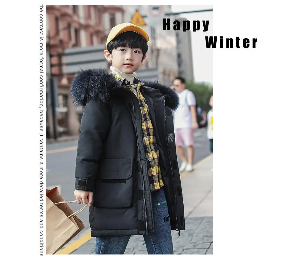Зимний пуховик для мальчиков пальто с капюшоном и отделкой из натурального меха длинная пуховая парка для больших мальчиков теплые уличные плотные куртки