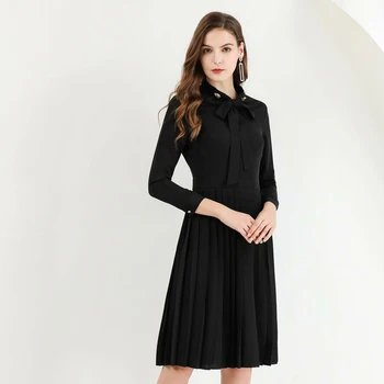 

SEQINYY Black Dress 2020 Spring Autumn New Fashion Design 3/4 Sleeve Bow Slim Pleated Knee Dress