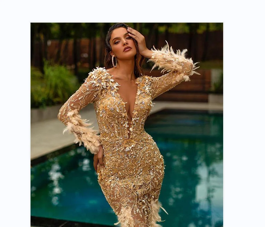 

Gold Mermaid Evening Dresses V Neck Appliqued Beaded Feather Long Sleeves Prom Dress Backless Ruffles Sweep Train Party Gown