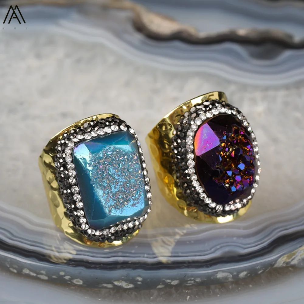 5PCS Random Color Freeform Druzy Drusy Stone Gold Copper Rings,Fashion Men Druzy Agates Paved Rhinestone Rings Jewelry HS-19AMAI