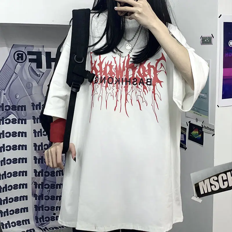Harajuku Sleeve T Shirt Letter Print Vintage T-shirt Streetwear Oversize tops clothes Summer Short Punk Gothic HipHop Tshirt