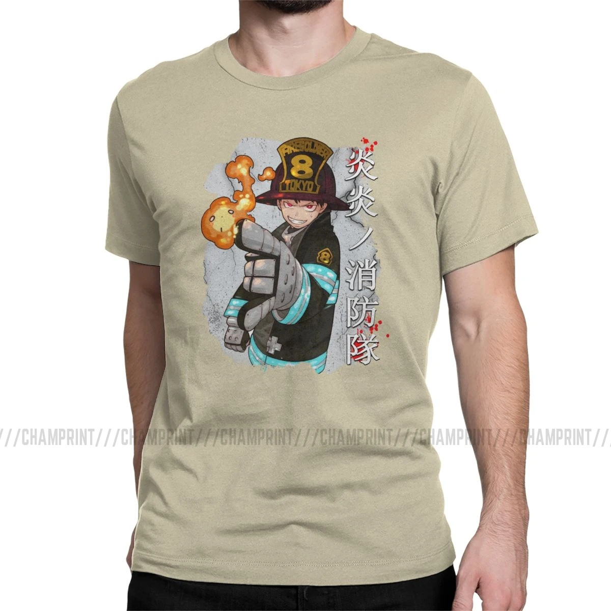 Shinra Fire Force Мужская футболка пожарный герой аниме Уникальные футболки с коротким рукавом Круглый вырез футболки хлопок 5XL 6XL одежда - Цвет: Хаки
