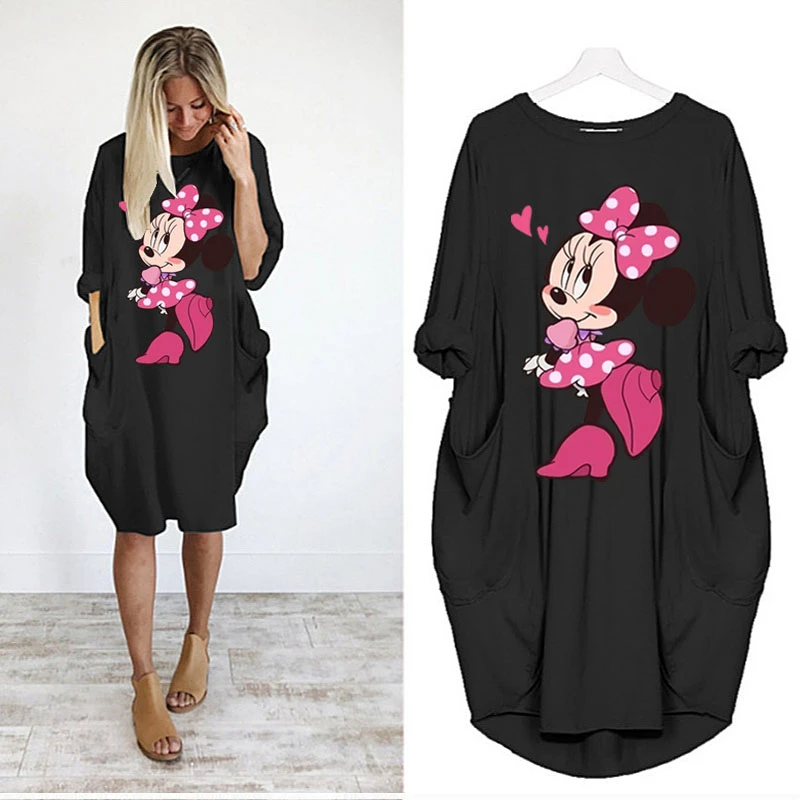 wedding dresses Disney Plus Size Midi Dress Long Sleeve Robe Casual Minnie Mickey Mouse Print Beach Loose Dresses Kawaii Sundress Women Clothing satin dress