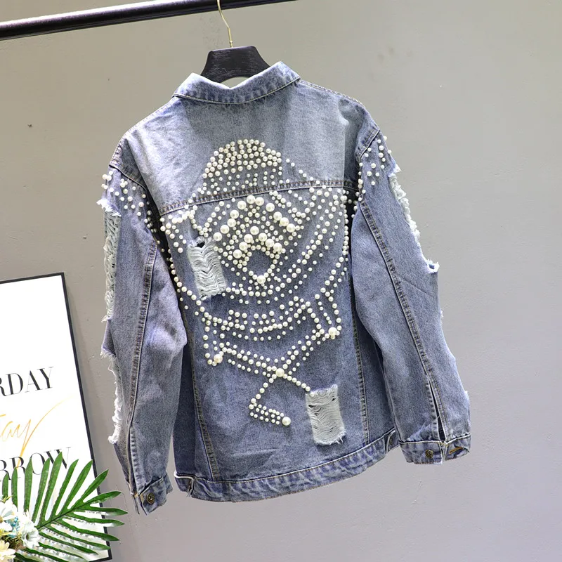 

2020 Spring Autumn Women's Heavy Bead Holes Denim Jacket Student Female Casual Pearl Jeans Coat Loose Outwear Coats Femininos