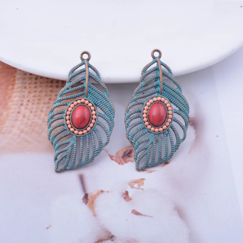 10 Stück/Set 22*41mm Böhmischer Stil Antike Bronze Feder-Anhänger Legierung Ohranhänger DIY Schmuck Ohrring-Komponenten
