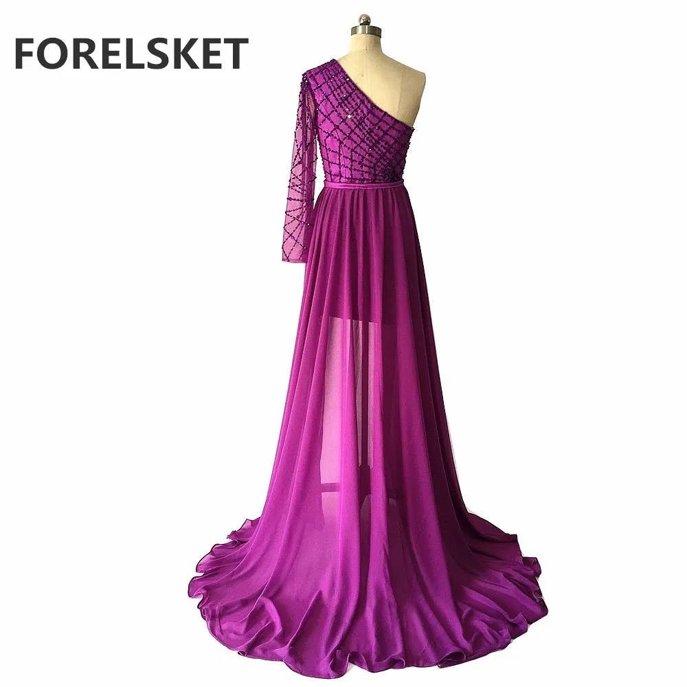 One Shoulder Long Sleeves Two Pieces Chiffon Prom Dresses 2020 robe de soirée Beaded Formal Party For Women in | Свадьбы и