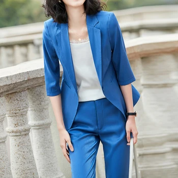 

Summer Trousers Women Suit Notched Long Casual Jacket Blazer Female Pants Suits 2 Piece 2020 Womens Office Lady Spring Outfits