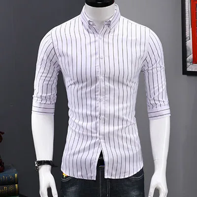 Европейская летняя мужская рубашка тонкий короткий рукав полосатый Slim Fit рубашки мужские повседневные Модные уличные Camisa Masculina брендовая одежда - Цвет: White