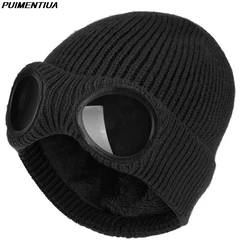 Winter Warm Knit Hats 2021 New Fashion Unisex Adult Windproof Ski Caps With Removable Glasses Thicken Sports Multi-function Caps