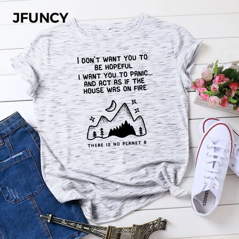 

JFUNCY Plus Size Summer Women Cotton Tee Shirts There Is No Planet B Harajuku Tops Female T-shirt Short Sleeve Women Tshirt 2020