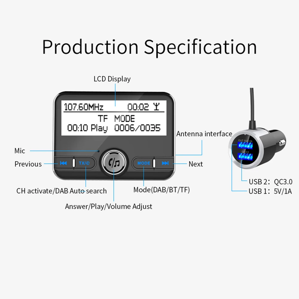 DAB002 2,4 дюймовые автомобильные MP3-плееры с Bluetooth портативные свободные руки DAB цифровые радио fm-передатчик QC3.0 адаптеры для быстрой зарядки