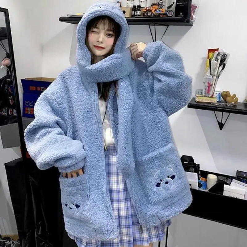 

Harajuku Sweet Fleece Cardigan Women Cute Hoodie Winter 2020 Loose Top Fashion Bear White Sweater Pocket Y2k Clothes