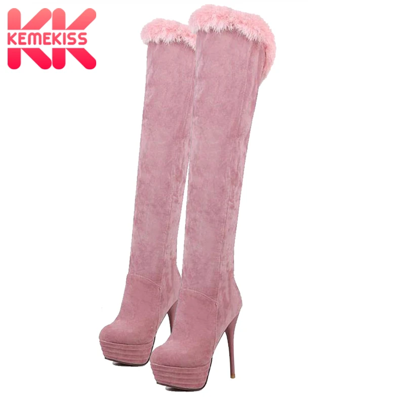 Najtaniej KemeKiss kobiety platformy buty na wysokim obcasie zamek buty za kolano okrągłe Toe ciepłe futrzane buty kobiety urząd Lady obuwie rozmiar 33 43