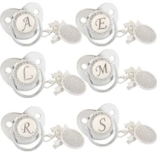 

Luxury 26 Name Initial Silver Baby Pacifier With Clip 0-12 Months Newborn Dummy Nipple BPA Free Infant Soother Dropshipping