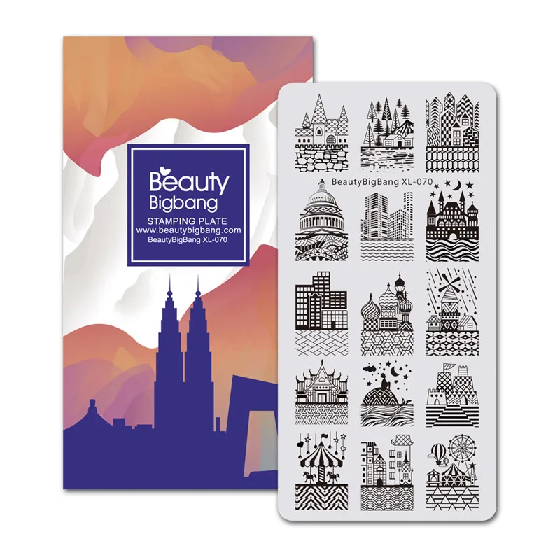 

Beauty BigBang Stamping Plate Nails Art Mold Rectangle Castle Building Image Nail Stamping Plates Template Nail Art Tools