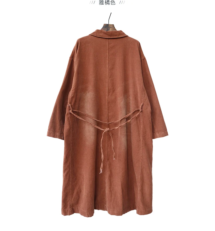 Su Yi Lane Retro Corduroy Mid-length Workwear Pocket Peter Pan Collar Shirt Coat Trench Coat Women's Lower Back Lace-up Autumn