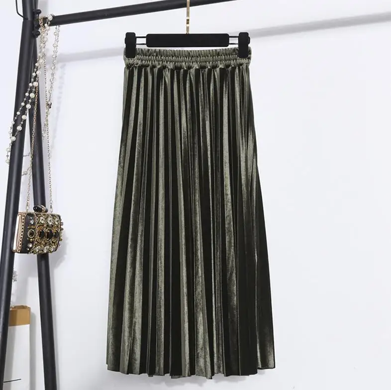Olive green Осенние новые плиссированные трапециевидные юбки женские винтажные юбки с высокой талией однотонные повседневные длинные юбки женские - Цвет: Olive green