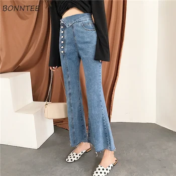 

Jeans Women Simple Single Breasted Korean Style High Waist Female Wide Leg Trousers Womens High Quality Loose Pockets Chic 2020