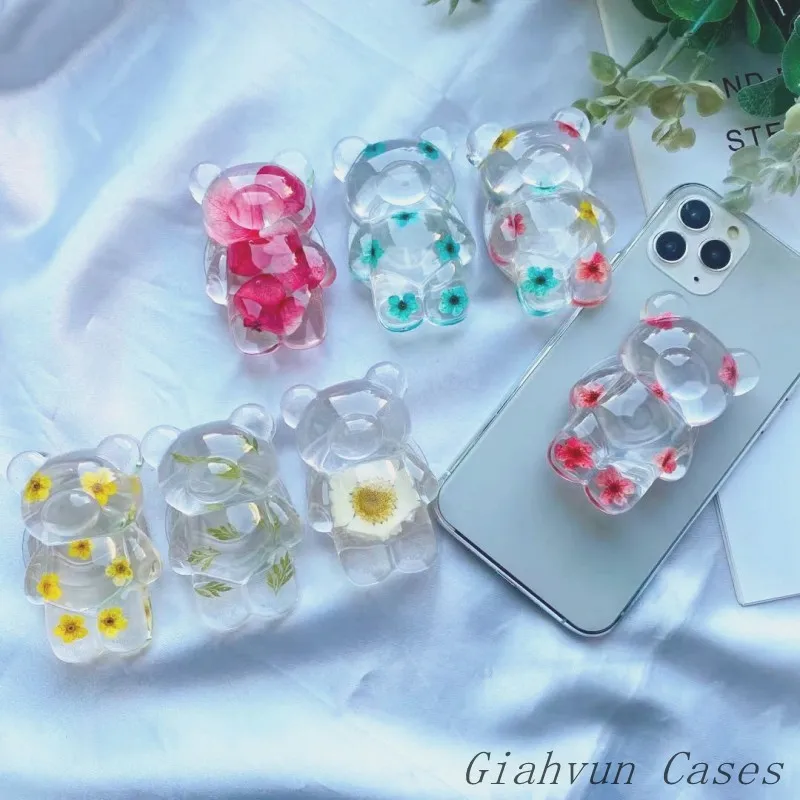 Real Flower 3D Clear Bear Airbag Holder Folding Lazy Desktop Grip Shrink Drop Mobile Phone Universal Bracket For iphone | Мобильные