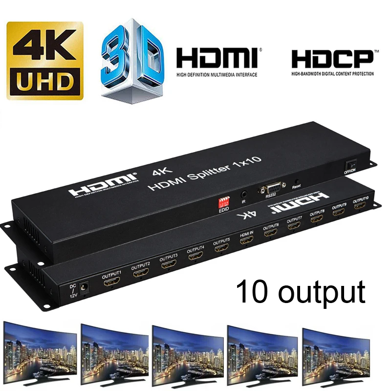 4K HDMI сплиттер 1x10 1080P 3D видео конвертер дистрибьютор 1 в 10 выход EDID для безопасности монитор компьютер ноутбук ПК к ТВ HD ТВ