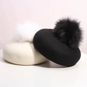 

01912-lyx-fox pompon new autumn winter wool lady beret cap women leisure painter hat