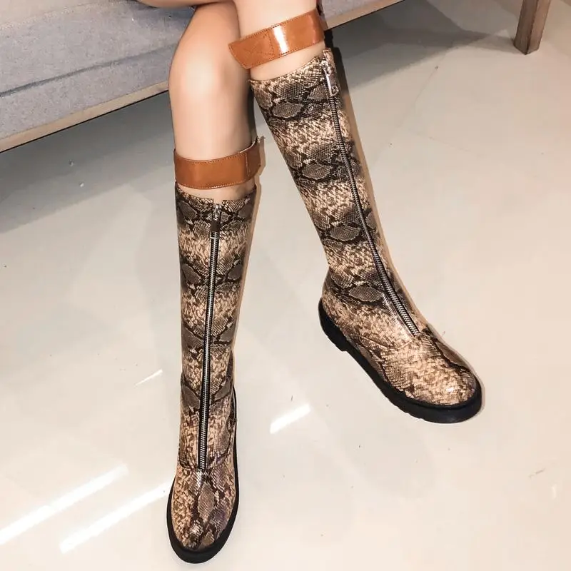 Coolcept British Style Women Knee High Boots Round Toe Zipper Flats Shoes Woman Long Boots Winter Warm Women Footwear Size 34-43