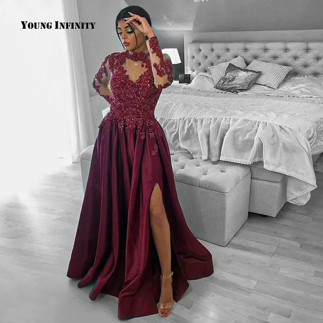 Luxury Burgundy Evening Dress High Neck 