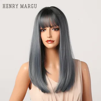 

HENRY MARGU Haze Blue Long Synthetic Wigs With Bangs Straight Heat Resistant Party Wigs Natural Daily Wigs Hair For Women
