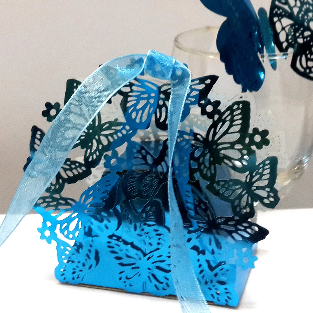 50Pcs/set Butterfly Laser Cut Hollow Carriage Favors Box Gift Candy Boxes With Ribbon Baby Shower Wedding Event Party Supplies