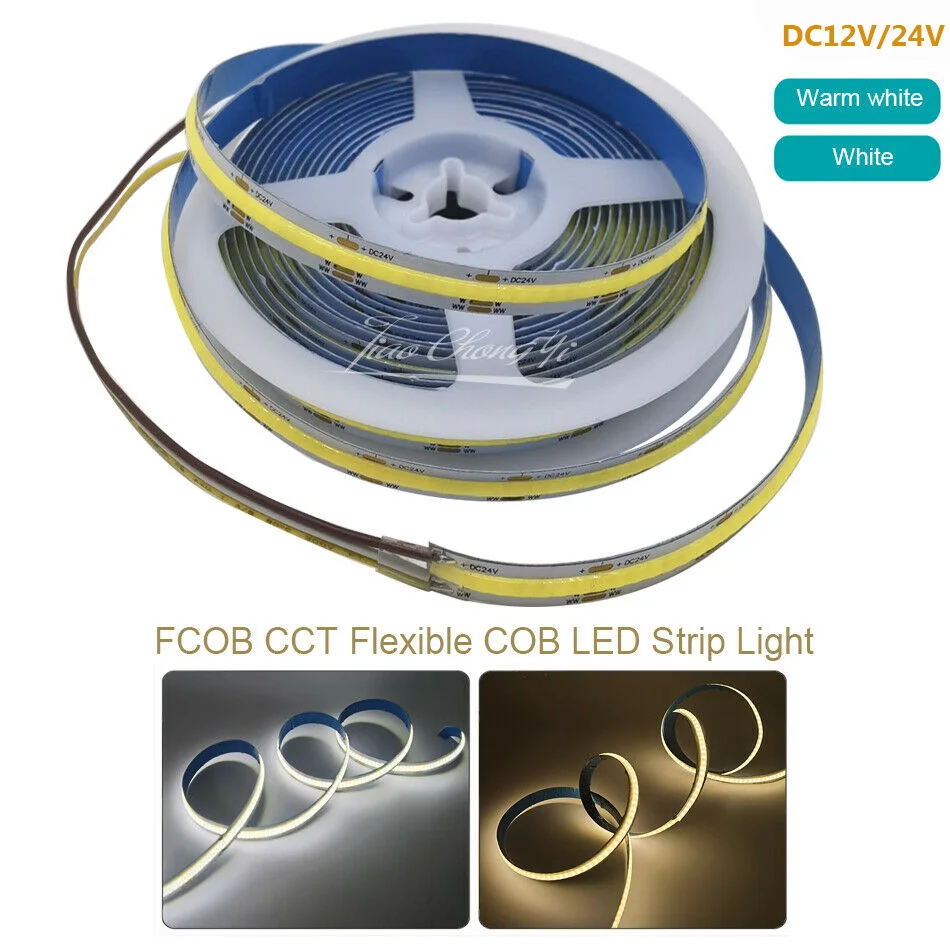 

COB CCT LED Light Strip 518LEDs/m High Density Flexible FOB 10mm Led Lights Warm White with White Linear Dimmable DC24V/12v