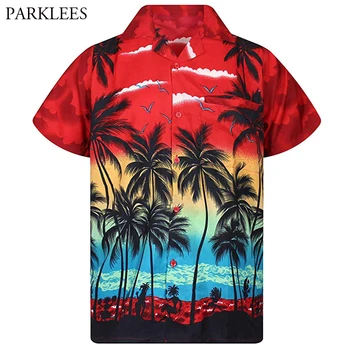Camiseta Hawaiana roja para hombre, ropa de playa con estampado de palmeras a la moda, camiseta Tropical con botones, camiseta Hawaiana informal para hombre