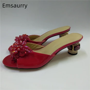 

Crystal Butterfly-Flower Decor High Heels Women Jeweled Rhinestone Diamond Heel Open Toe Bright Red Patent Leather Shoes Woman