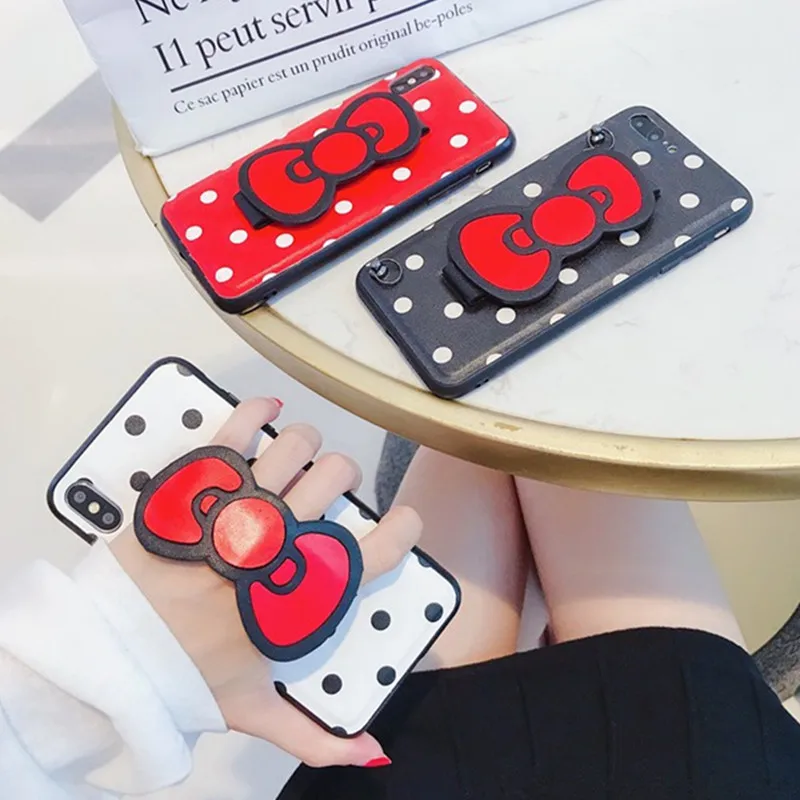 

New for iPhone X/XS case soft slicone back cover 7/8 plus cute Polka dot shell XR XSMAX bowknot wristband 6/6s+ strap girl gift