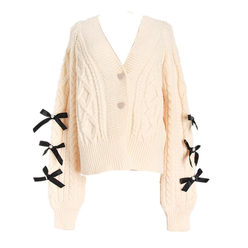 

Korean Bows Sweater Coat Causal Beige Women Knitted Cardigan 2020 Autumn Winter V neck Thicken Long Sleeve Knitwear Jacket