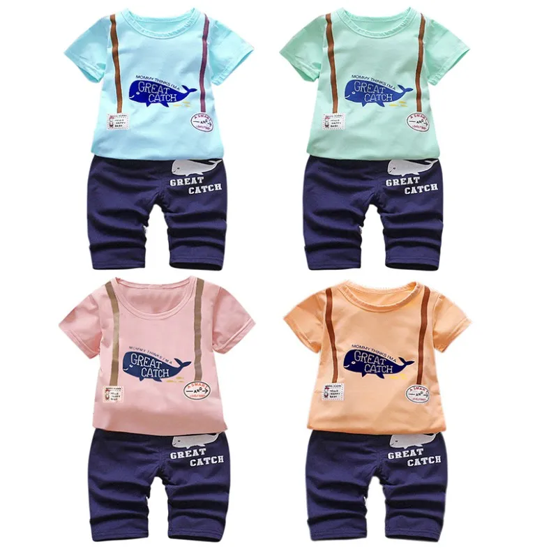 Комплект летней одежды с рисунком рыбки для маленьких мальчиков, комплект хлопковой одежды для маленьких мальчиков, футболка+ шорты, комплект из 2 предметов, комплекты для малышей От 1 до 5 лет