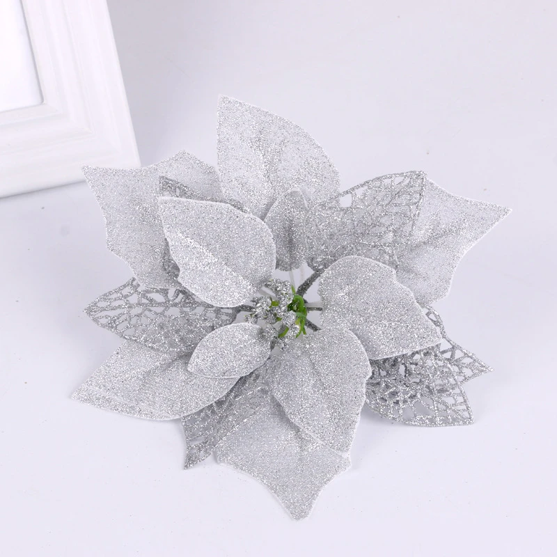 12 шт. Блестящий Poinsettia Рождественский Декор золотой цветок дерево украшения для дома Рождественская елка венок украшения 22 см