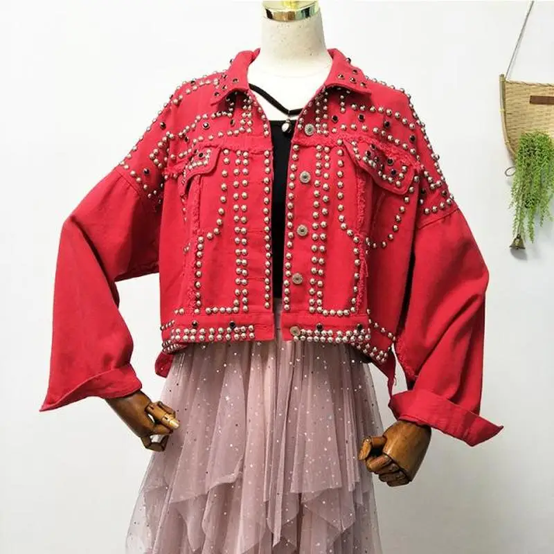 Günstig Gagarich Herbst Frauen Harajuku Rot Denim Jacke Mantel Schwere Hand Perlen Niet Kurze Schwarze Jeans Jacke Studenten Grund Mäntel Outfit