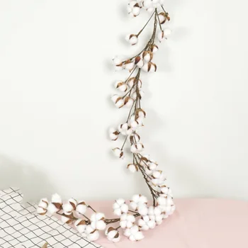 

55 Heads Handmade Artifiical Cotton Stem Rattan Cotton Bolls Wreath Garland For Front Door Wall Wedding Farmhouse Party Decor