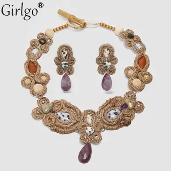 

Girlgo ZA Vintage Beaded Jute Necklaces for Women Fashion Nature Stone Contrasting Charm Necklaces Toggle Clasp Accessories Gift