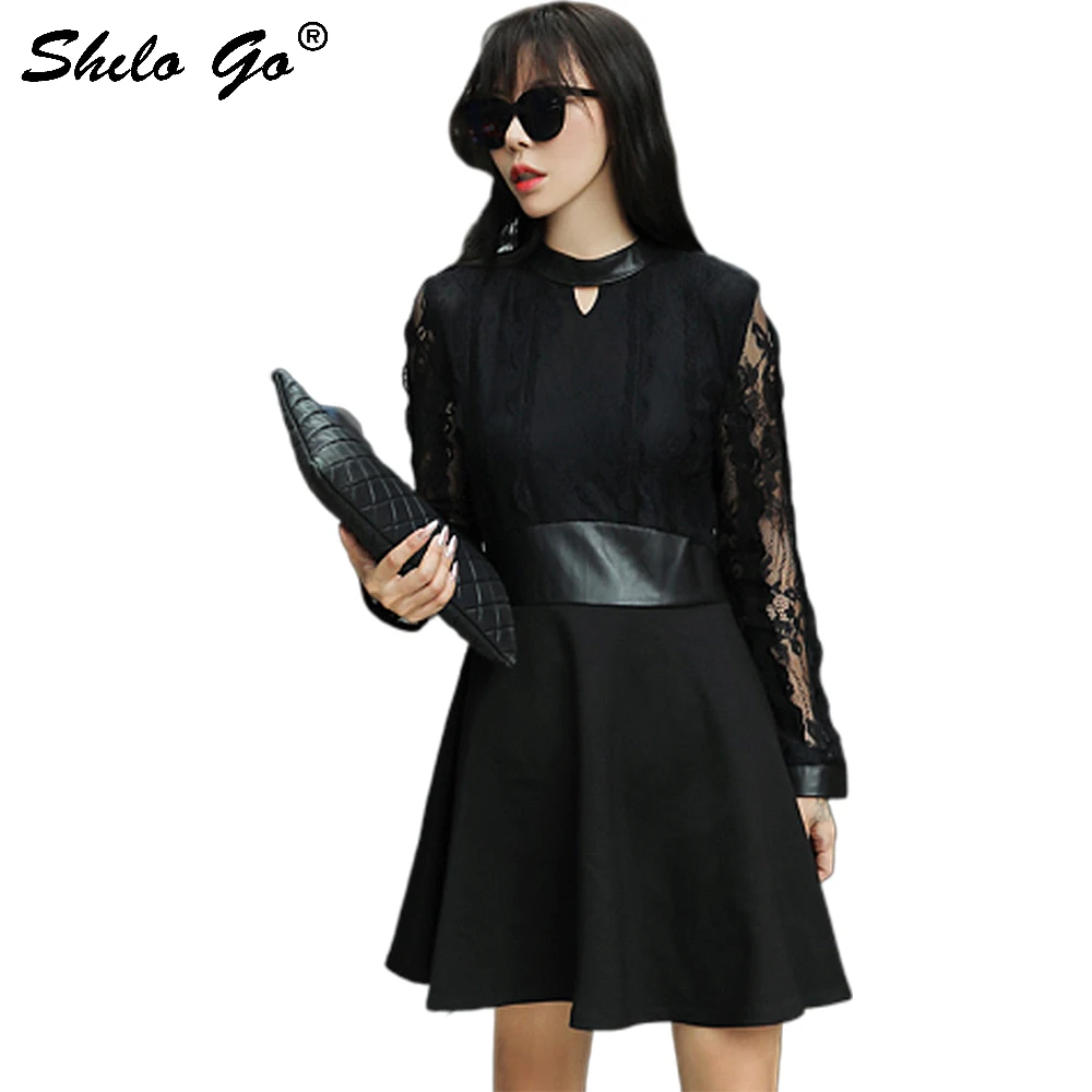 Echt Lederen Jurk Elegante Mock Hals Cut-en-Sew Lace Panel Lange Mouwen Jurk Vrouwen Herfst Zwart Fit en Flare EEN Lijn Jurken