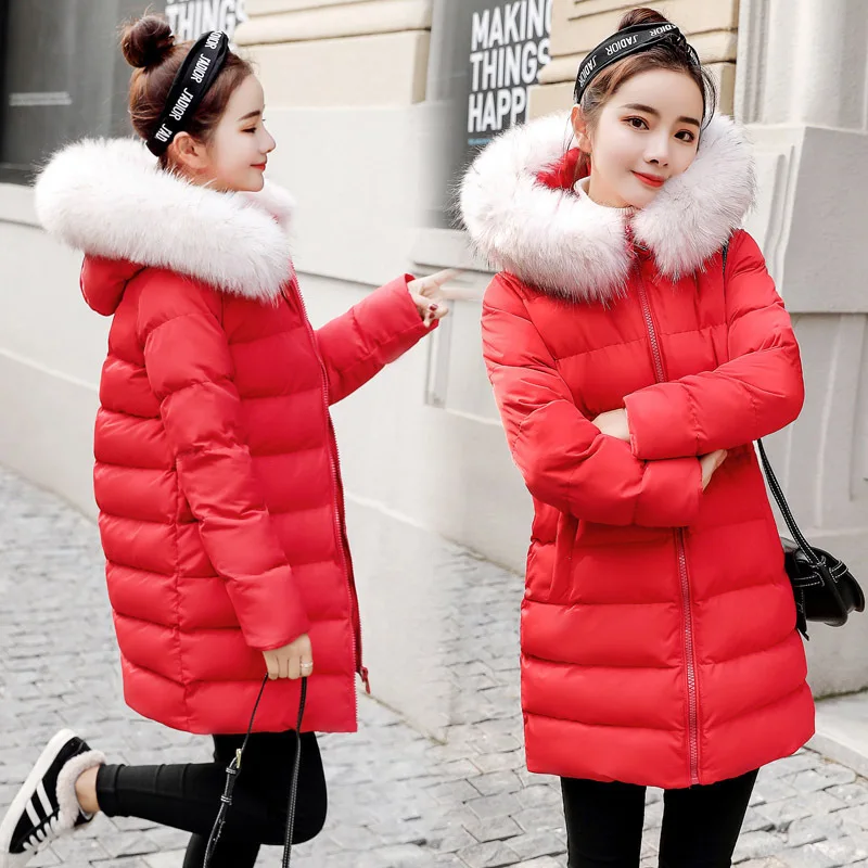 

2019 Winter New Style Cotton-padded Clothes Women's Mid-length Cotton-padded Jacket Solid Color Hooded Slim Fit Slimming