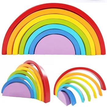 

2020 Wooden Tunnel Assembling Rainbow Blocks Kids Children Building Blocks Wooden Toy Baby Early Learning Montessori Educational