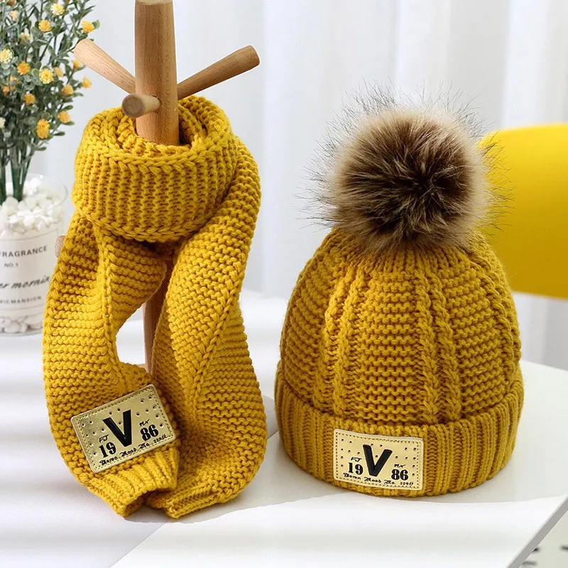 Wool Hat Kids Winter Hat Scarf Set Children's hat and scarf set combination boys and girls lovely thick style autumn winter warm knitting