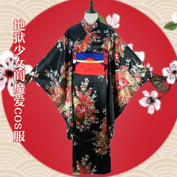 

Japanese Traditional Kimono Dress Anime Hell Girl Cosplay Costume Obi Haori Vintage Floral Robe Stage Fancy Wear Halloween Dark
