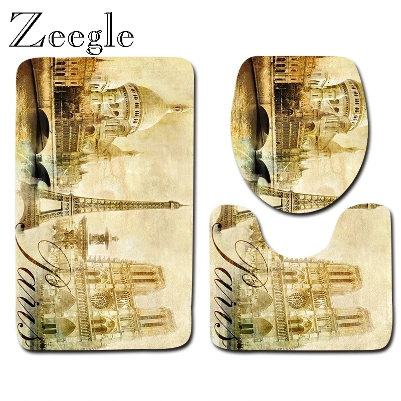 Zeegle Building Pattern Bath Mat Set Lid Toilet Cover Microfiber Bathroom Shower Mat Floor Rug Foot Mat Toilet Entrance Doormat